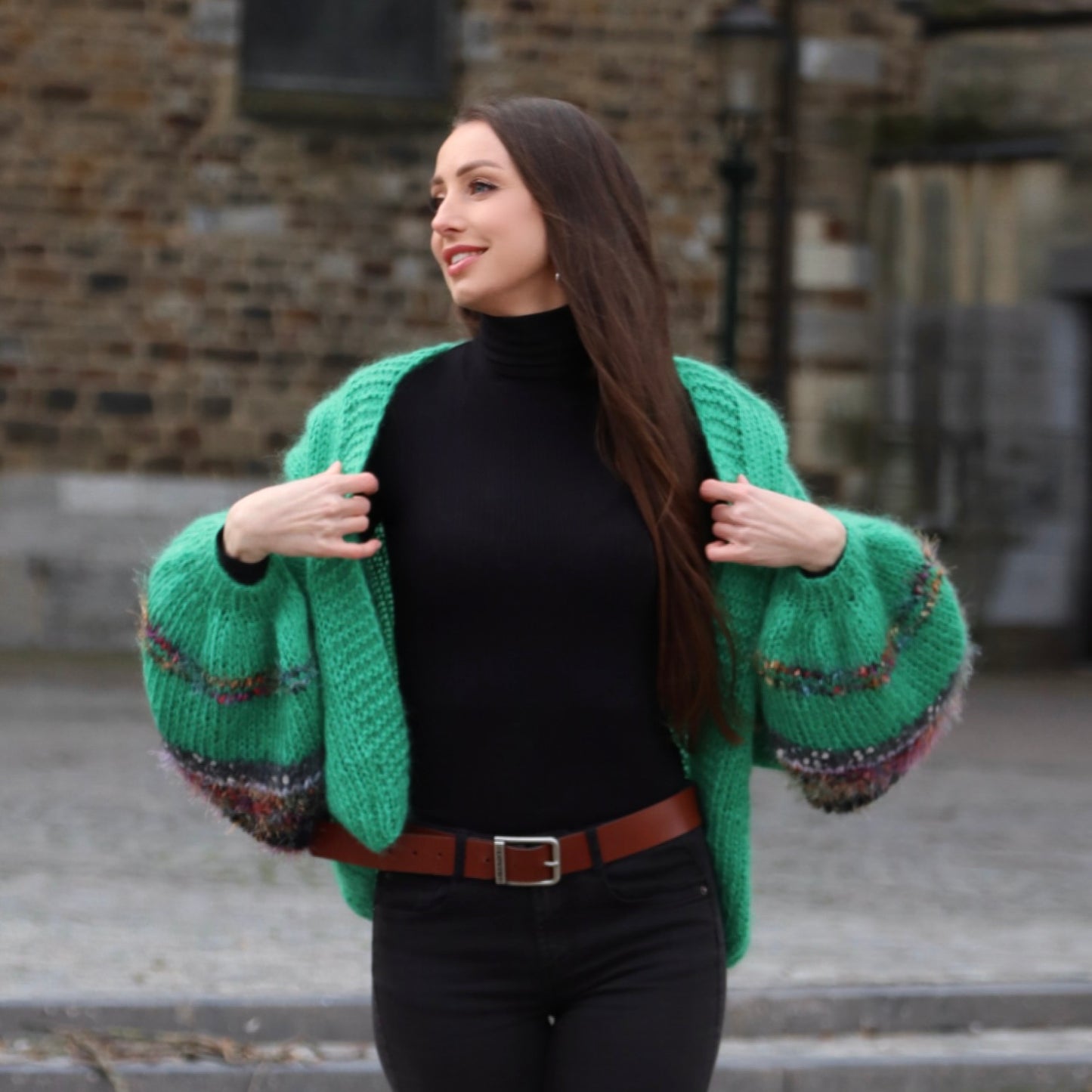 Mohair cardigan with decorated sleeve “Grass”